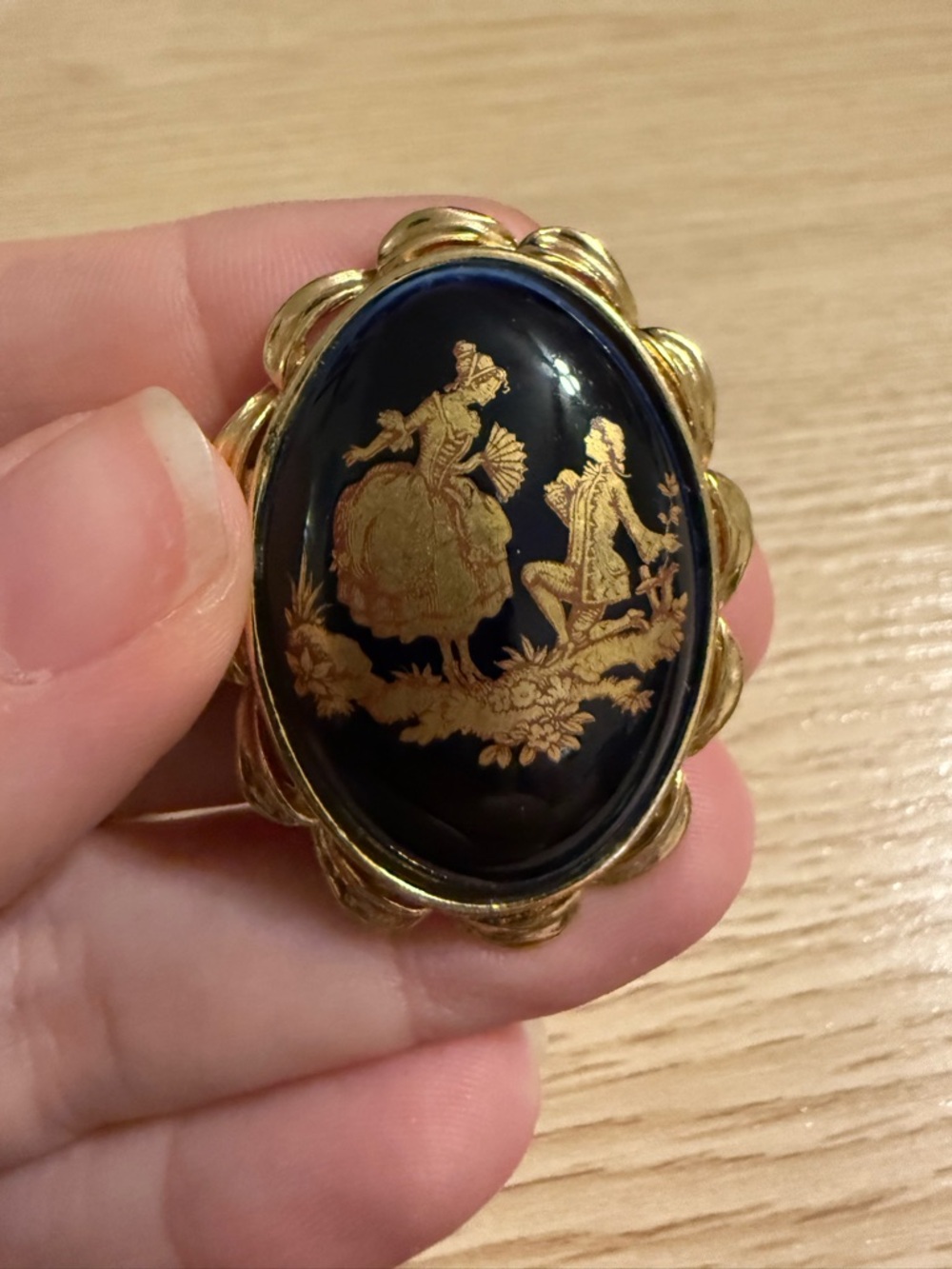 Limoges France Porcelain Brooch Fragonard Courting Couple Cobalt Blue Gold Tone